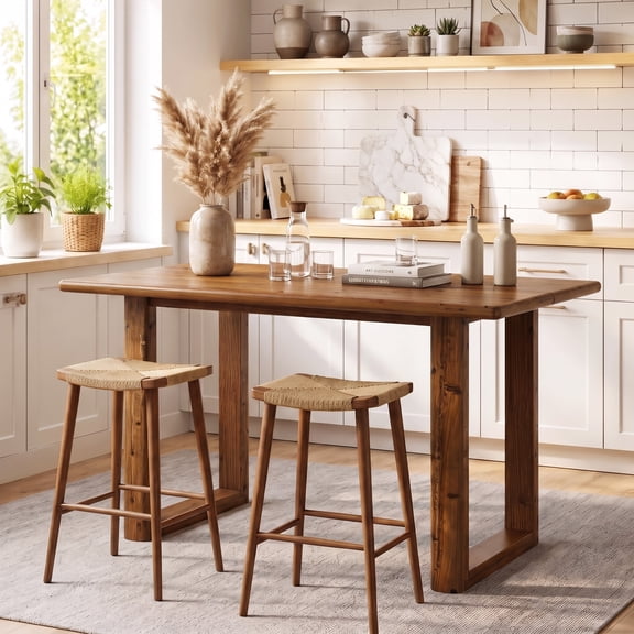 Tribesigns 63" Solid Wood Farmhouse Dining Table for 4-6, U-Shaped Sled Legs,for Dining, Bar and Office