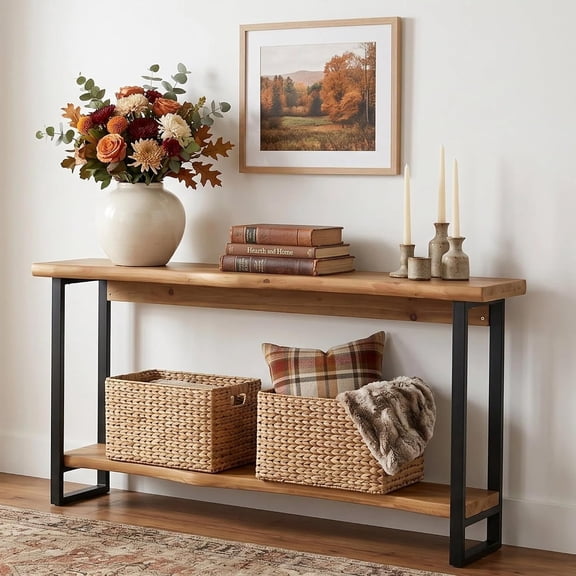 Tribesigns 63" Solid Wood Live-Edge Console Table, Farmhouse Entryway Sofa Table with Metal Legs