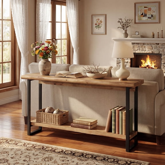 Finmind 63" Solid Wood Live-Edge Console Table, Farmhouse Narrow Sofa Table with Metal Legs, 2-Tier Entryway Table for Behind Couch, Foyer & Living Room, Brown