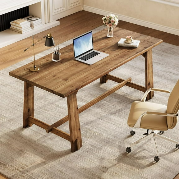 Tribesigns 63" Solid Wood Office Desk, Farmhouse Executive Computer Desk, Rustic Brown Business Furniture for Home
