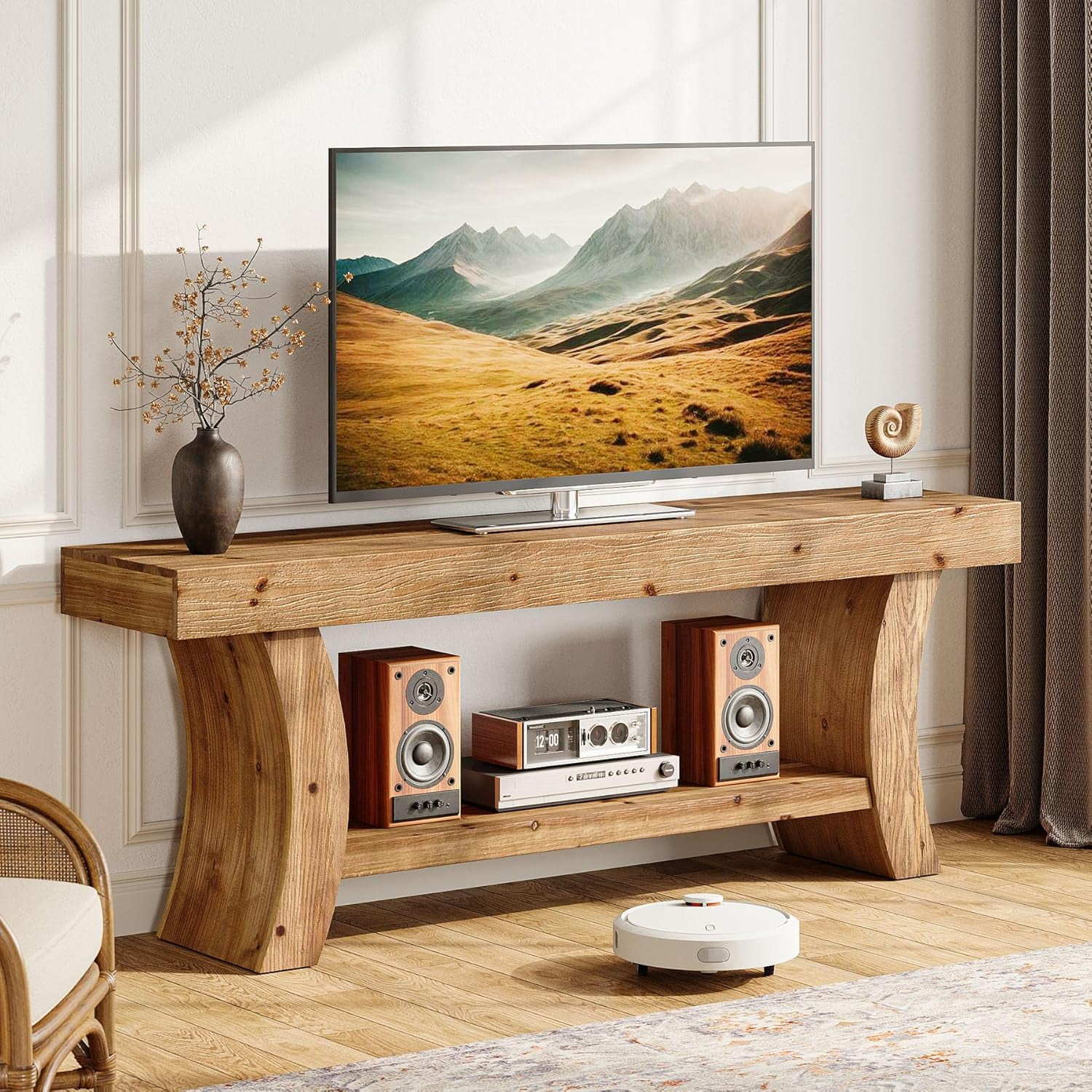 Solid Wood TV Stand with Hand Carved Wave Texture - Thumbnail 3