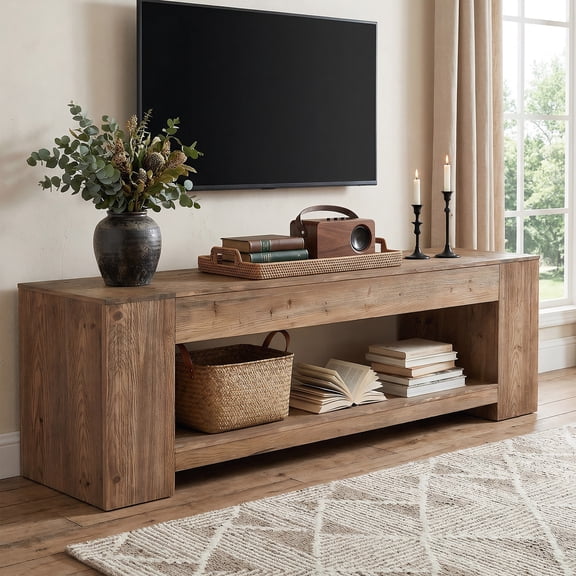 Tribesigns 63" Solid Wood TV Stand for TVs up to 75 Inches, Farmhouse Long Entertainment Center with Open Storage Shelf, Low TV Media Console for Living Room, Bedroom