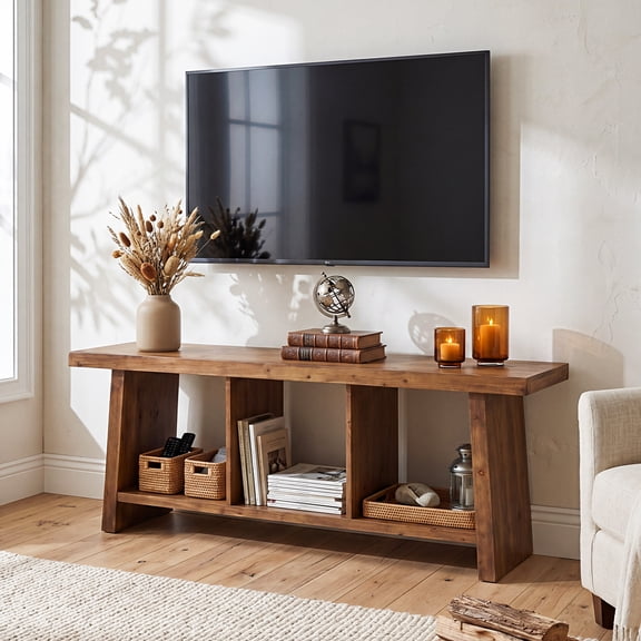 Tribesigns 63" Solid Wood Tv Stand, Rustic Farmhouse Media Console With Open Storage Shelf, Low-profile Entertainment Center For Living Room, Brown