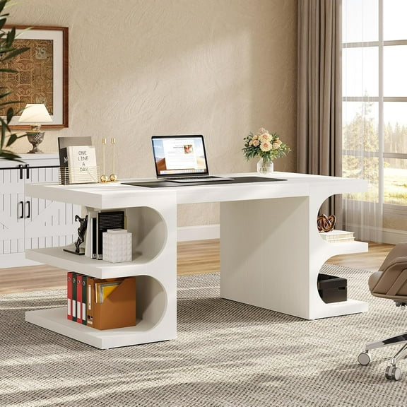 Tribesigns 63" White Computer Desk, Modern Wood Executive Office Desk with Storage Shelves