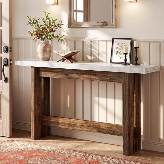 Tribesigns 63" Wood Console Table, Farmhouse Entryway Table with Faux Marble Top, Rectangular Long Couch Furniture for Entryway, Hallway