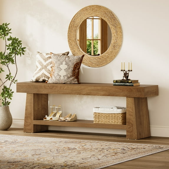 Tribesigns 63" Wooden Entryway Bench with 2-Tier Shoe Storage, Farmhouse Indoor Seat