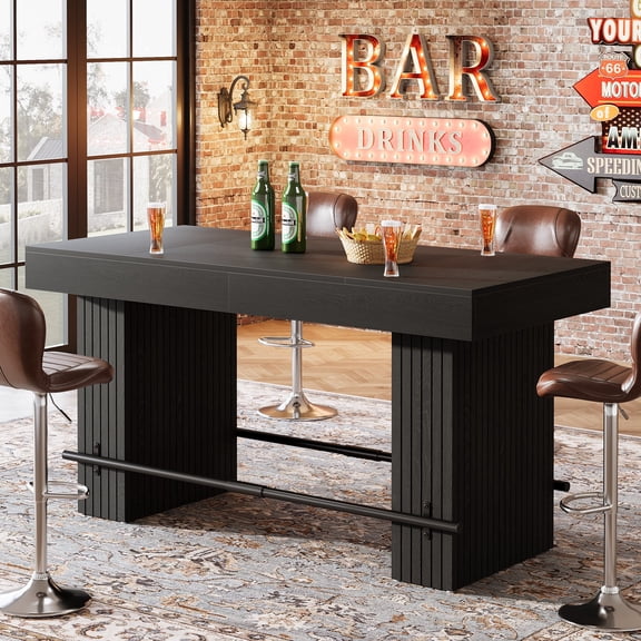 Tribesigns 63-inch Bar Table, Industrial Counter Height Pub Table with Metal Footrest, Rectangle Home Bar Unit for Living Room, Kitchen, Black