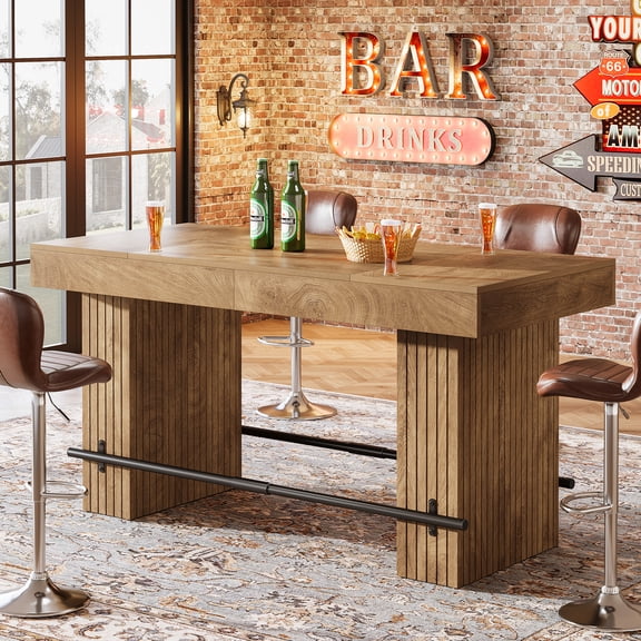 Tribesigns 63-inch Bar Table, Industrial Counter Height Pub Table with Metal Footrest,Rectangular Home Bar Unit for Living Room, Kitchen, Light Brown