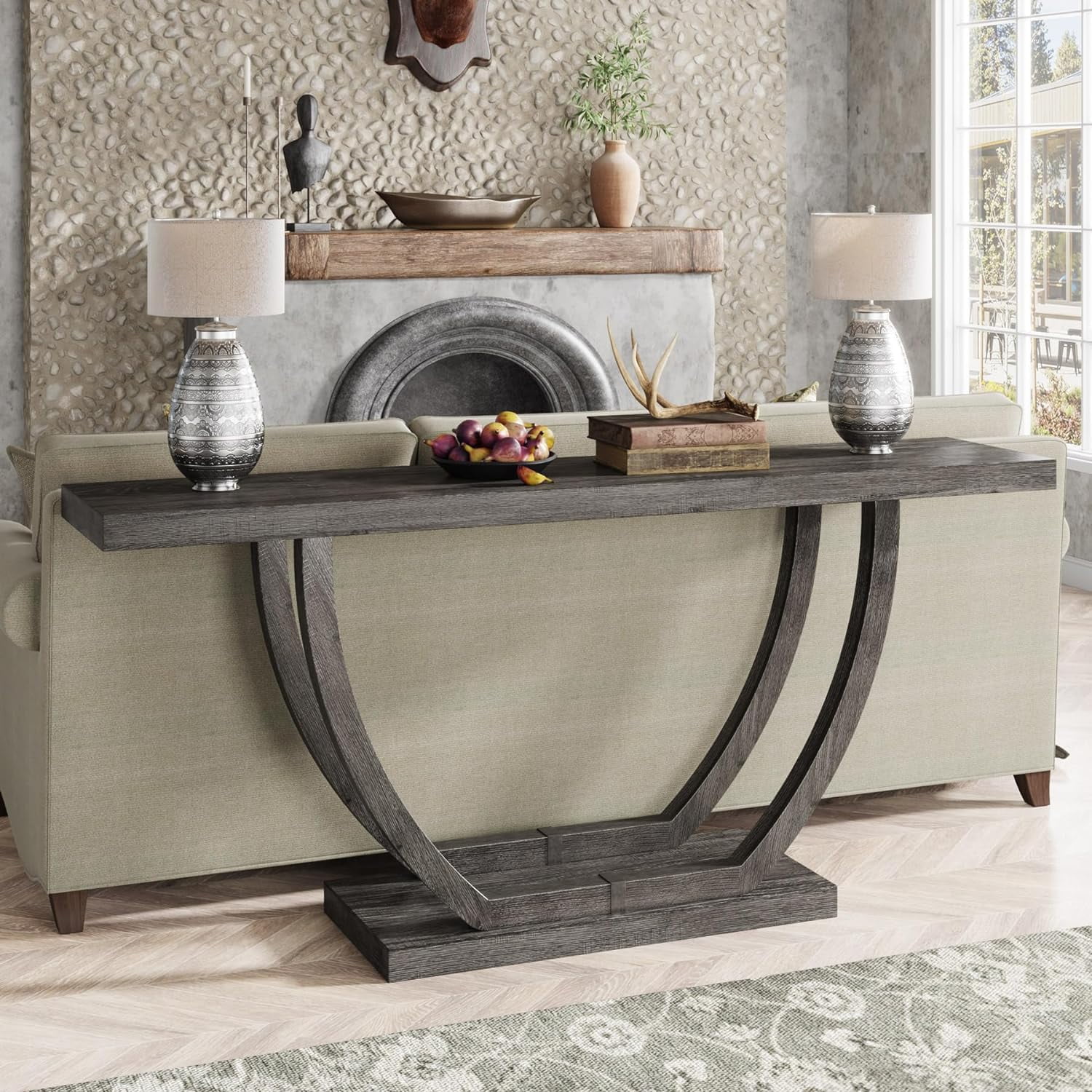 Gray 63-Inch Farmhouse Wood and Metal Console Table with Storage