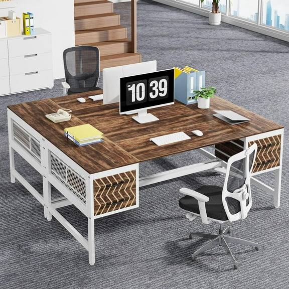 Tribesigns 63 inch Executive Desk, Farmhouse Computer Desk with 4 Drawers for Home Office, Brown & White, Set of 2