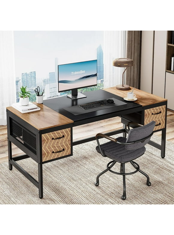 Tribesigns 63 inch Executive Desk, Farmhouse Computer Desk with 4 Drawers for Home Office, Light Brown & Black