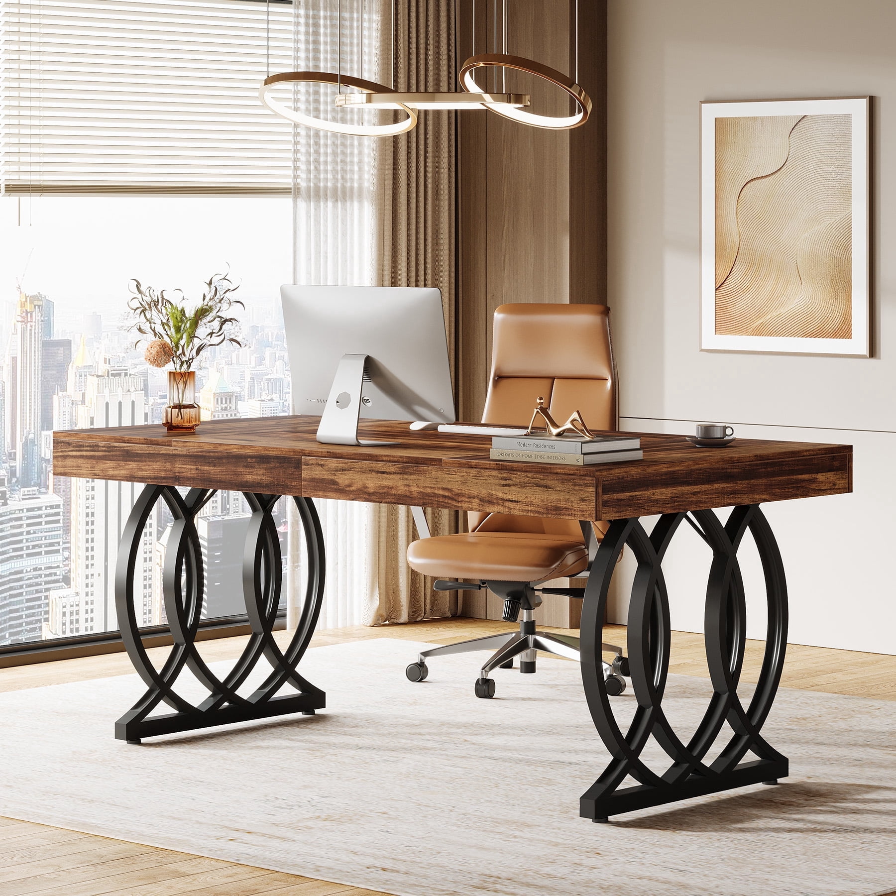 Tribesigns 63-inch Executive Desk, Industrial Office Computer Desk with Geometric Legs, Rustic Brown and Black