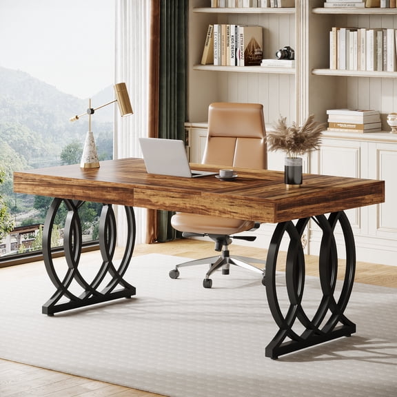 Tribesigns 63-inch Executive Desk, Industrial Office Computer Desk with Geometric Legs, Rustic Brown and Black