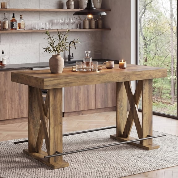 Tribesigns 63 -inch Farmhouse Bar Table with Metal Footrest, Wooden Home Pub Table with Sturdy X-Base for Dining Room, Kitchen, Living Room