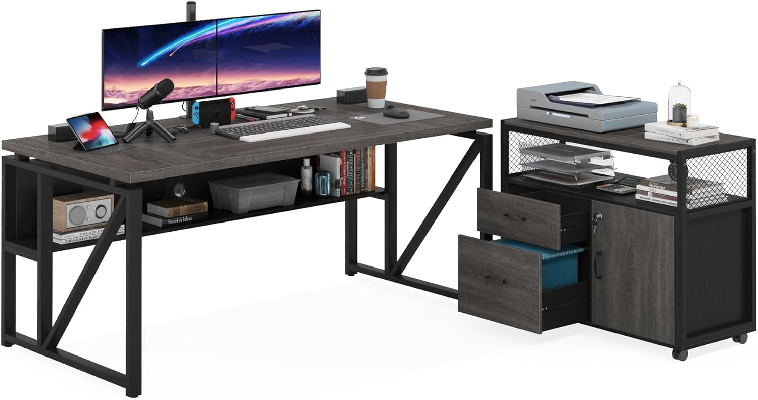 Tribesigns Home Office L Shape Executive Desk with Drawer Cabinet, Gray