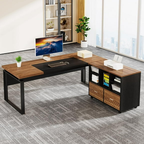 Tribesigns 63 inch L-Shaped Executive Desk with Reversible File Cabinet, Office Desk with Storage Drawers, Walnut & Black