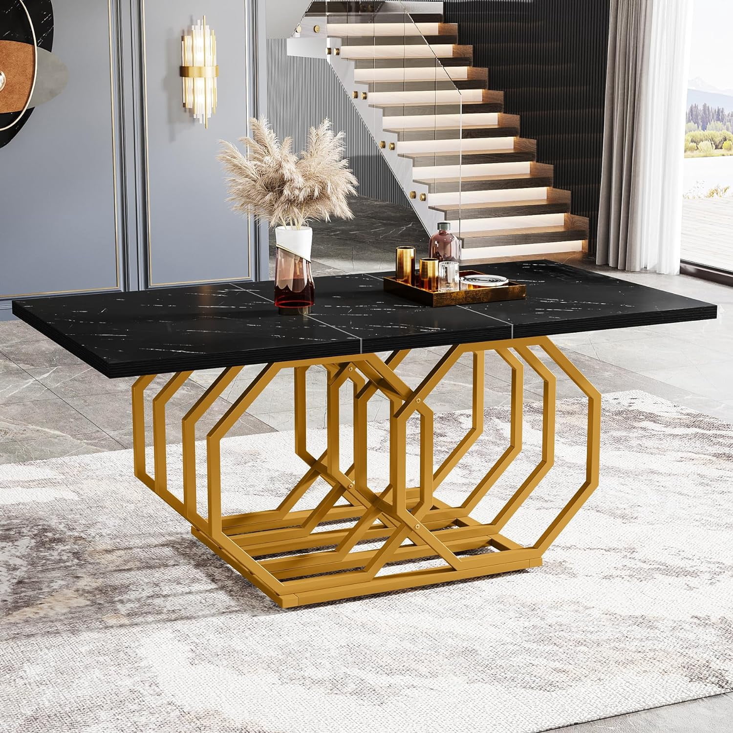 Tribesigns 63 inch Rectangular Dining Table with Faux Marble Top and ...