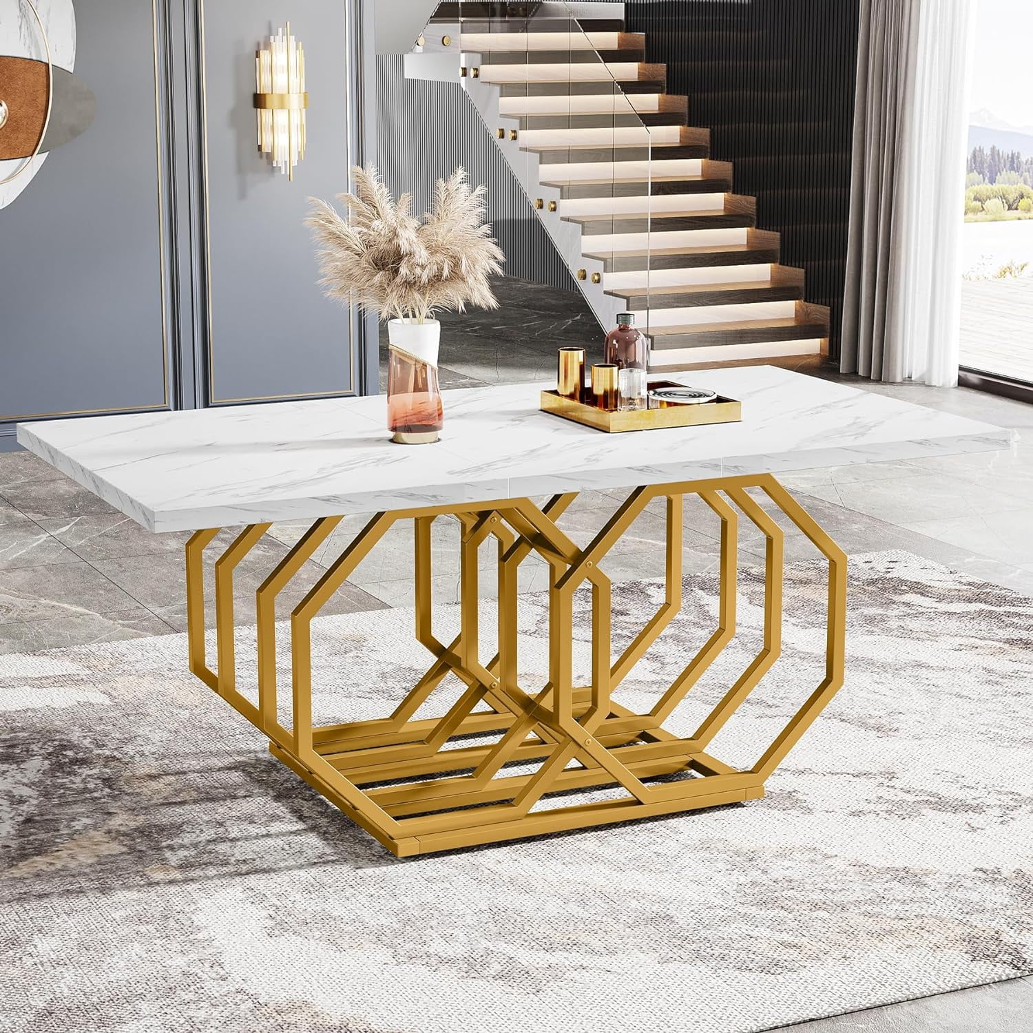 Tribesigns 63 inch Rectangular Dining Table with Faux Marble Top and ...
