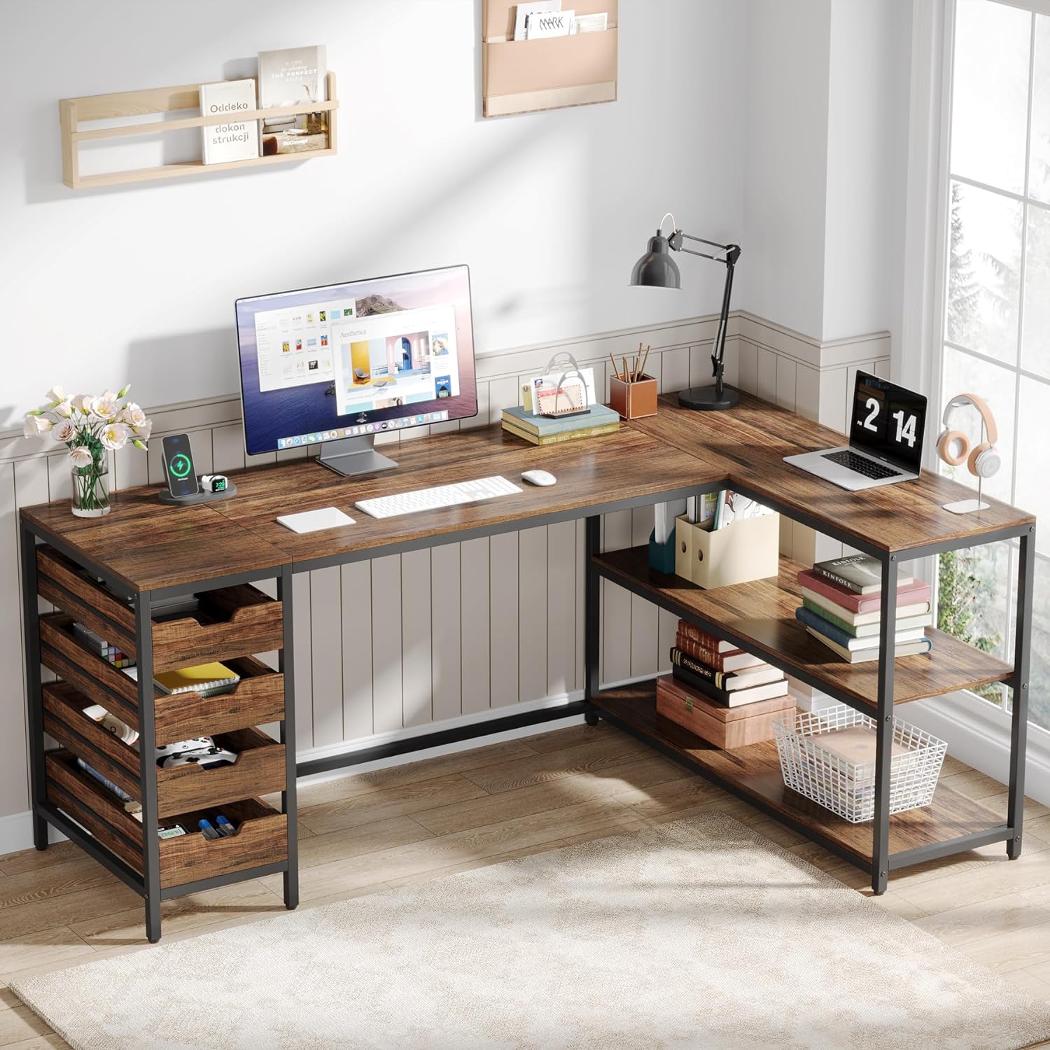 Tribesigns 64.5" LShaped Desk, Reversible Desk with Drawers