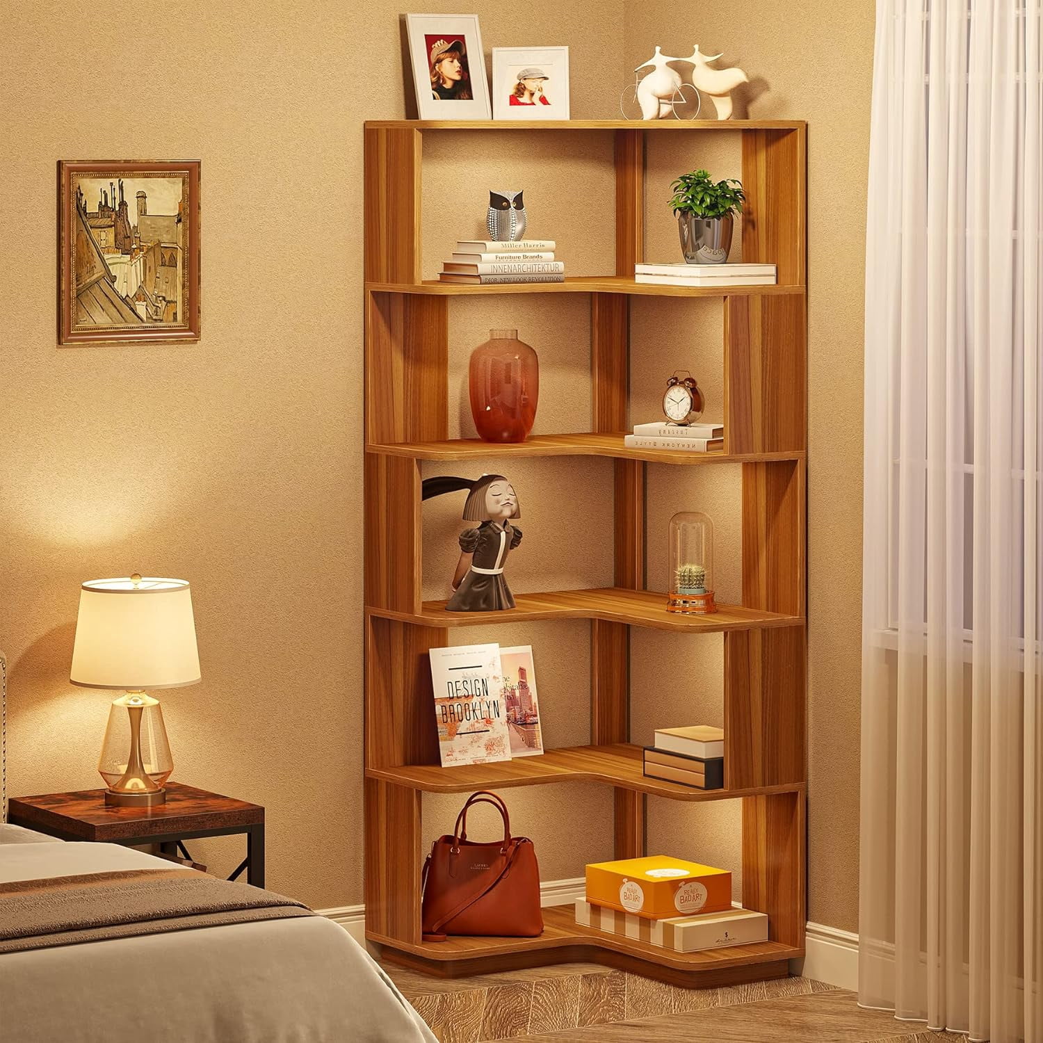 Tribesigns 64.9” 6-Tier Corner Bookshelf – Stylish Tall Storage Rack with Anti-Slip Design for Living Room & Office