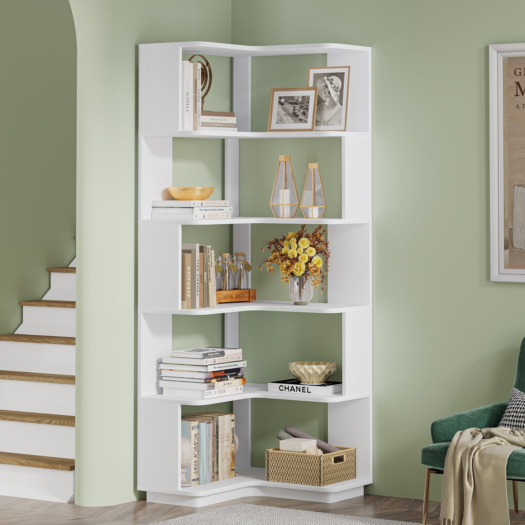 White 6-Tier L-Shaped Corner Bookshelf with Anti-Drop Panels