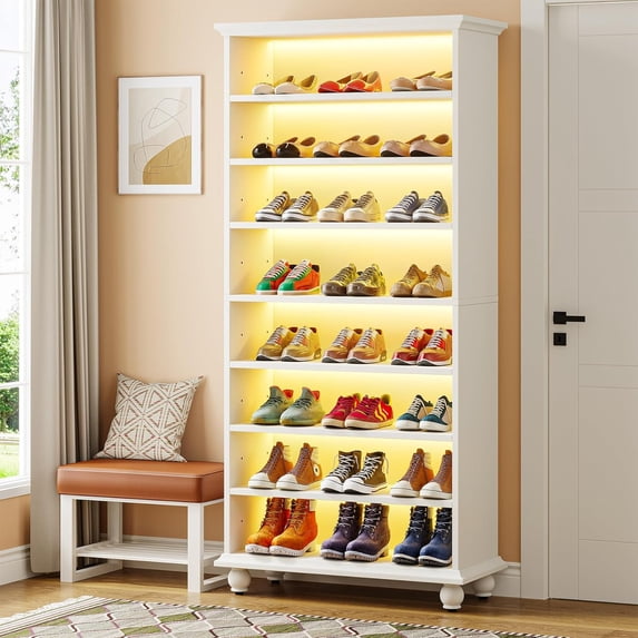 Tribesigns 68.9-Inch Tall Shoe Cabinet with LED Lighting, 9-Tier 30 Pairs Freestanding Shoes Storage Cabinet with Solid Wooden Legs for Entryway, White
