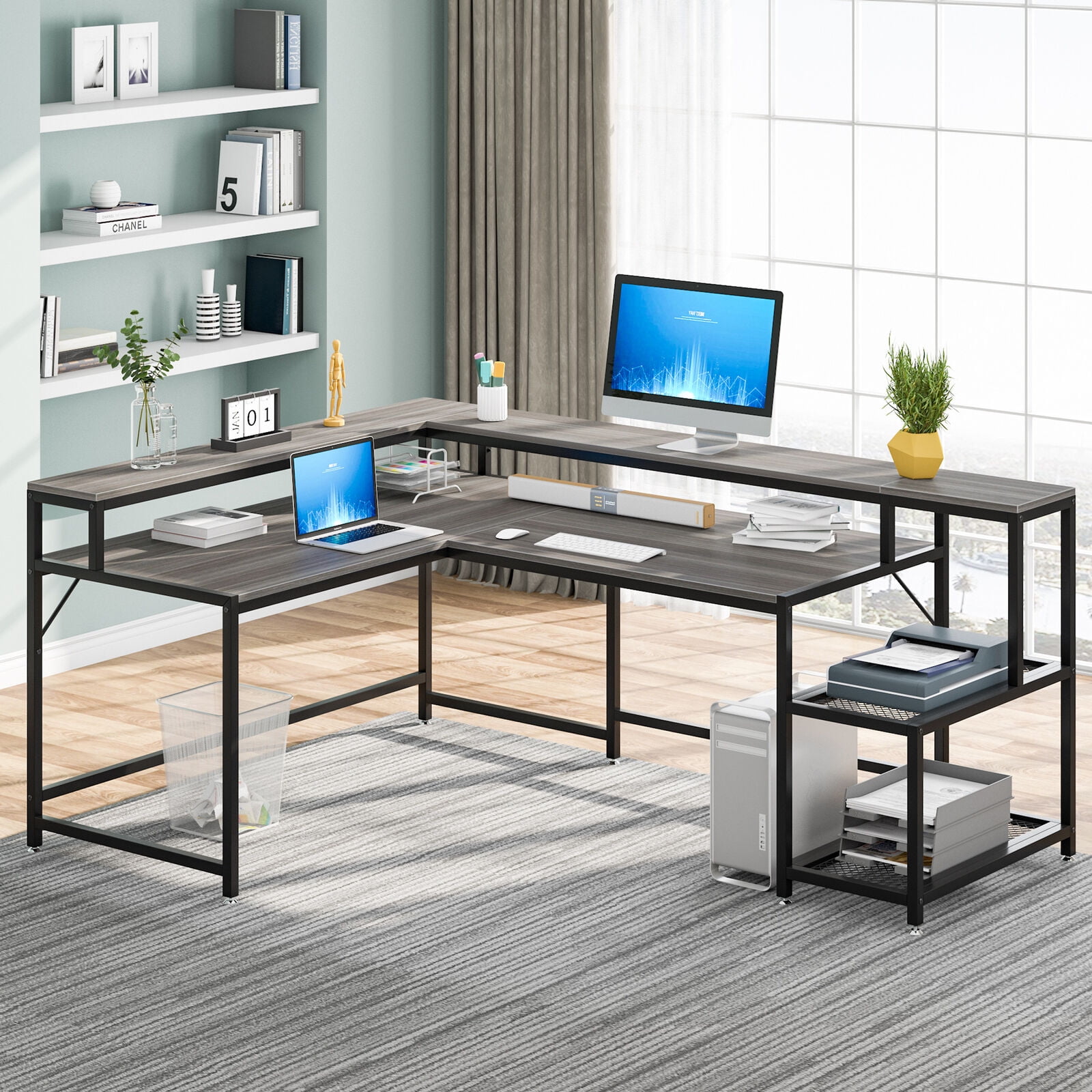 Tribesigns 69" L Shaped Desk with Monitor Stand and Open Shelves