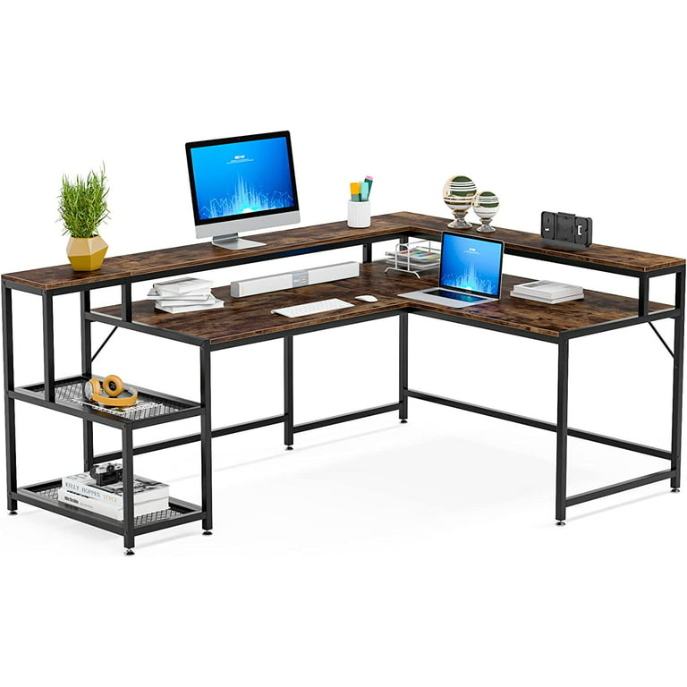 69 L Shaped Computer Desk with LED Lights &Keyboard Tray Reversible Office  Desk