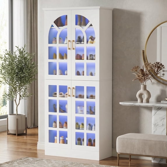 Fnova 8-Tier Tall Shoe Cabinet with Acrylic Doors and LED Lights, 16-34 Pairs, Adjustable Shelves, White