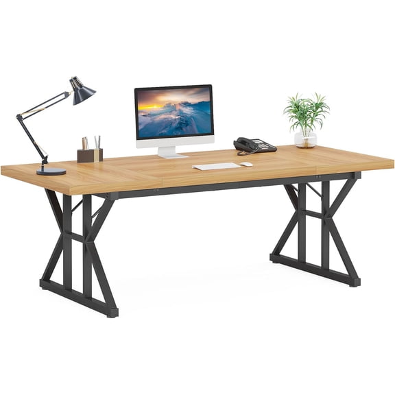 Tribesigns 6FT Conference Table, 70.86 L x 31.49 W x 29.52 H Inches Rectangle Meeting Room Table, Rustic Wood Seminar Table Executive Desk for Office, Conference Room (Light Walnut/Black)