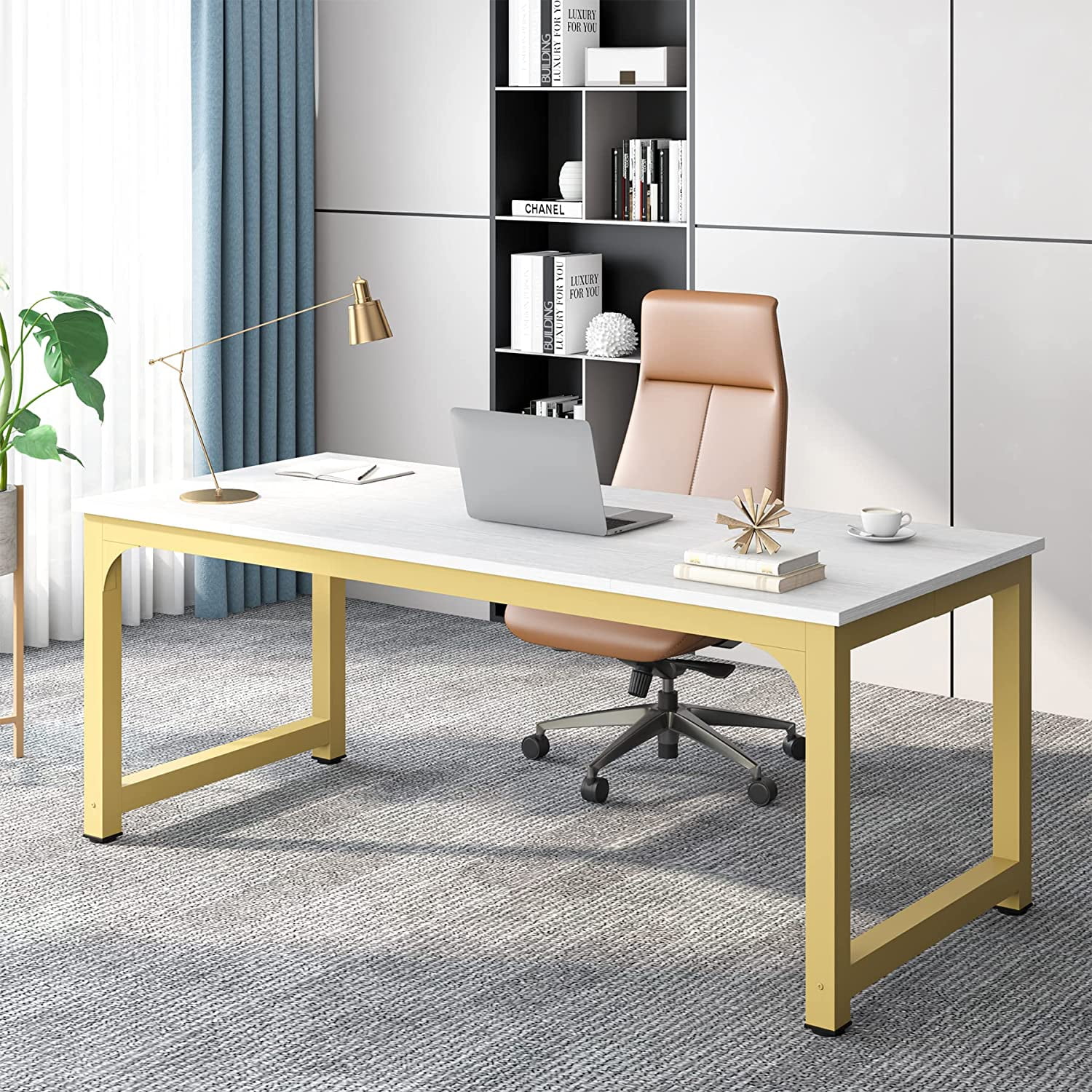 Tribesigns Way to Origin Halseey 63 in. Rectangular Modern White Gold Wood Executive Desk, Large Computer Desk with Drawer, Conference Room Table