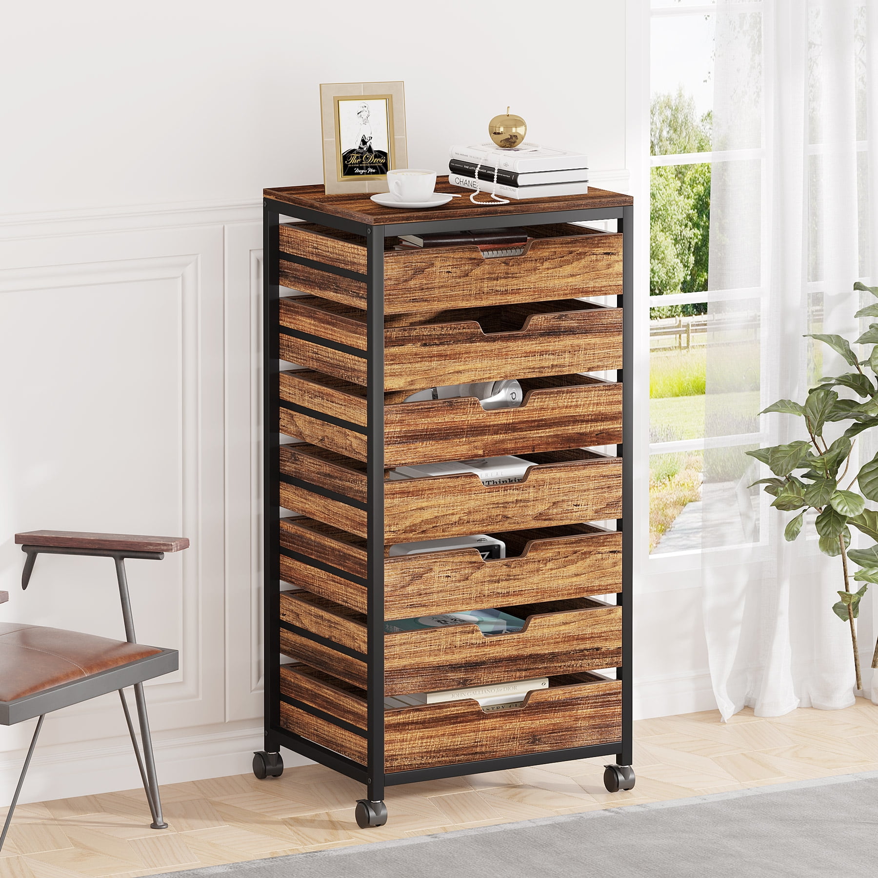 Tribesigns Industrial 7-Drawer Chest Dresser with Wheels Storage Wood Organizer Cart for Entryway