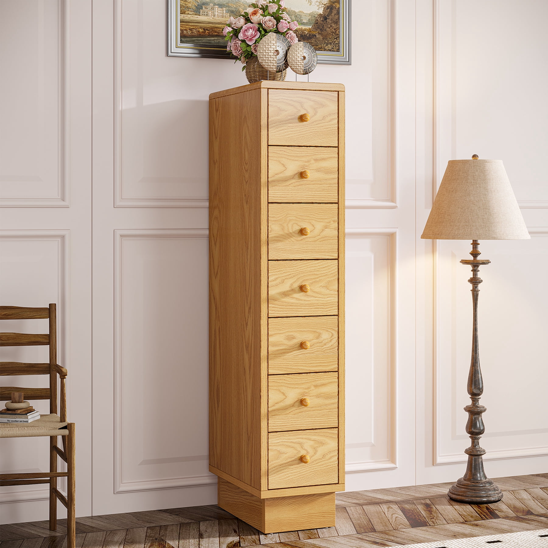 Tribesigns 7-Drawer Tall Narrow Dresser, Oak Wood Lingerie Chest ...