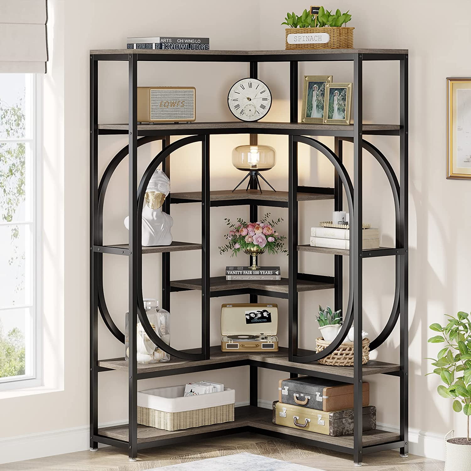 Tribesigns Rustic Brown 7-Shelf Corner Bookshelf, Large Tribesigns Rustic Brown 7-Shelf Corner Bookshelf, Large