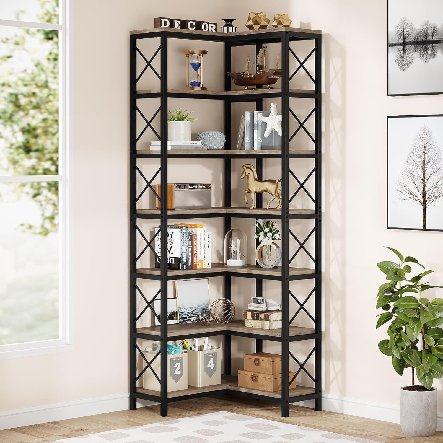 Tribesigns 7-Shelf Corner Bookshelf, Large Modern Corner Storage