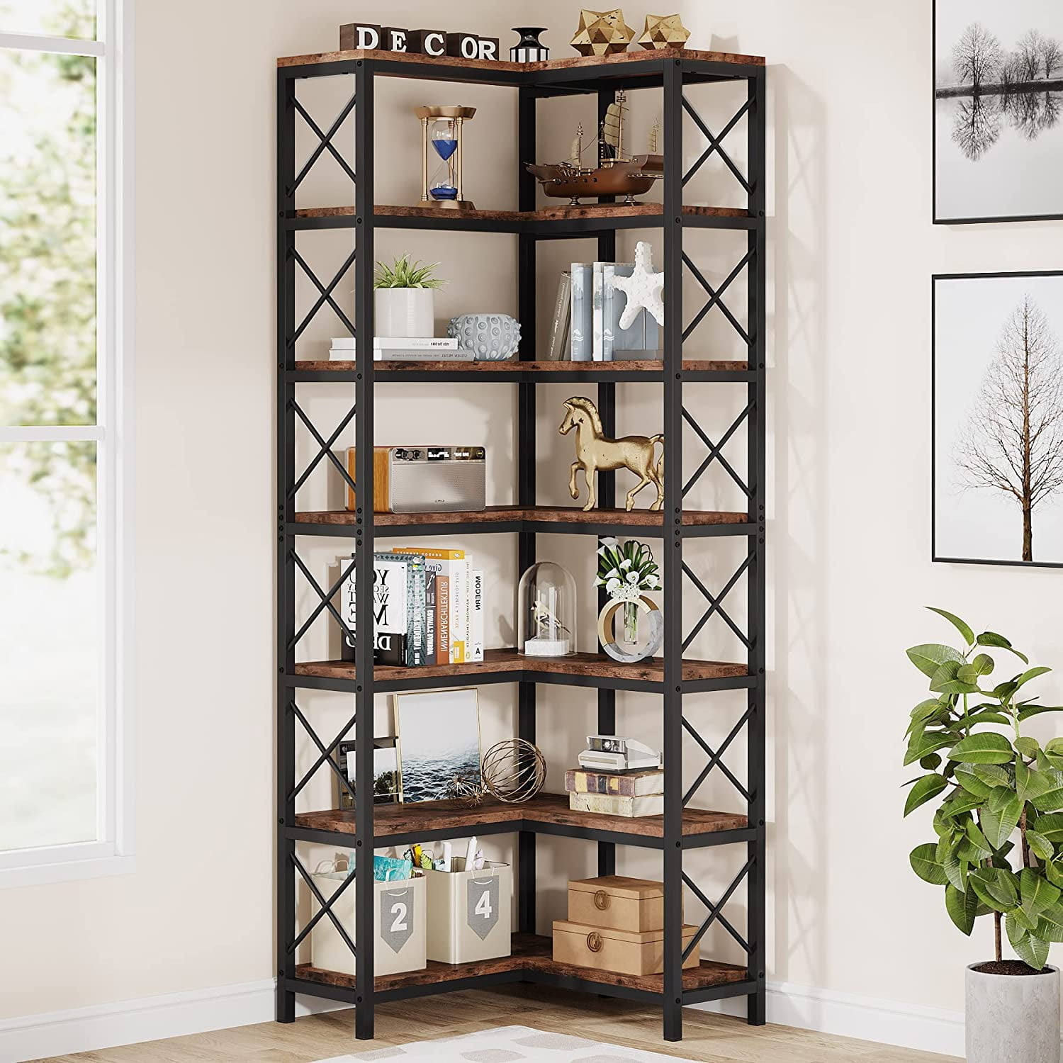 Tribesigns Rustic Brown and Black Metal 7-Shelf Corner Bookcase (13.4-in W x 78.74-in H x 13.4-in D) Unfinished | HOGA-C0820