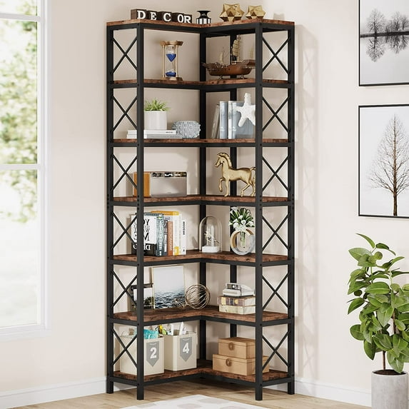 Tribesigns 7-Tier Tall Corner Bookshelf, Industrial Display Storage Rack for Home Office, Rustic Brown