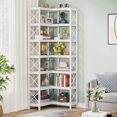thumbnail image 1 of Finmind 7-Shelf Corner Bookshelf, Large Modern Storage Display Rack for Living Room, Rustic Brown, 1 of 5