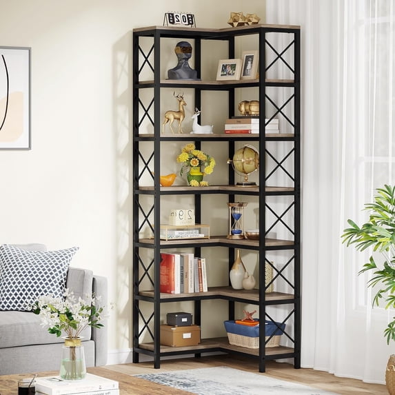 Tribesigns 7-Shelf Corner Bookshelf, Large ModernStorage Display Rack for Living Room, Rustic Brown