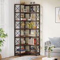 thumbnail image 1 of Finmind 7-Shelf Corner Bookshelf, Large ModernStorage Display Rack for Living Room, Rustic Brown, 1 of 5