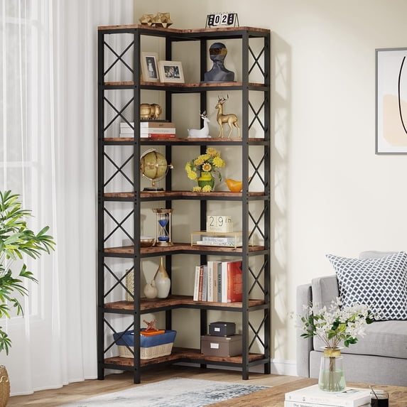Finmind 7-Shelf Corner Bookshelf, Large ModernStorage Display Rack for Living Room, Rustic Brown