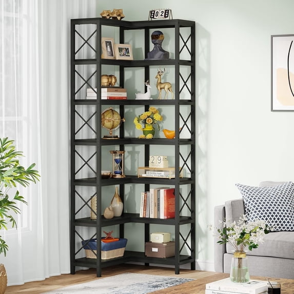 Tribesigns 7-Shelf Corner Bookshelf, Large ModernStorage Display Rack for Living Room, Rustic Brown