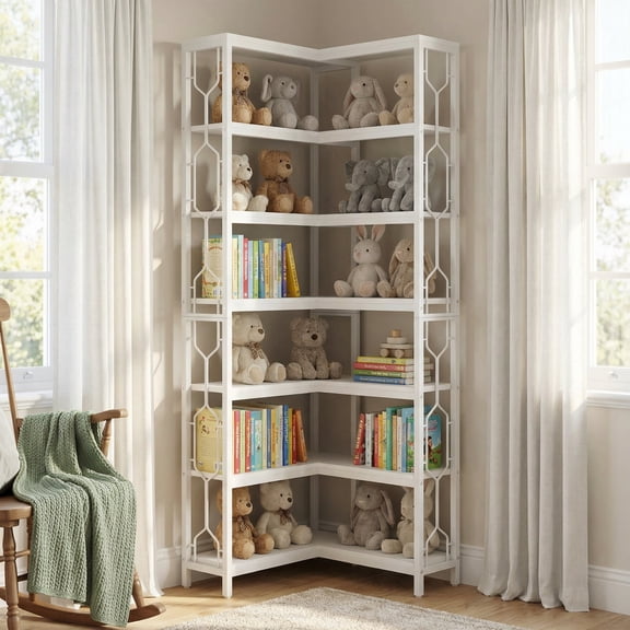 Fnova 7-Tier 78.74" Tall Corner Shelf, Industrial Wood and Metal Corner Bookcase, Freestanding Display Shelf for Living Room, Kitchen, Home Office, White