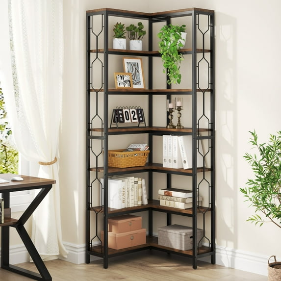 Tribesigns 7-Tier Corner Shelf, Industrial Display Bookshelf, Freestanding Wood and Metal Corner Etagere Bookcase for Living Room, Kitchen, Home Office