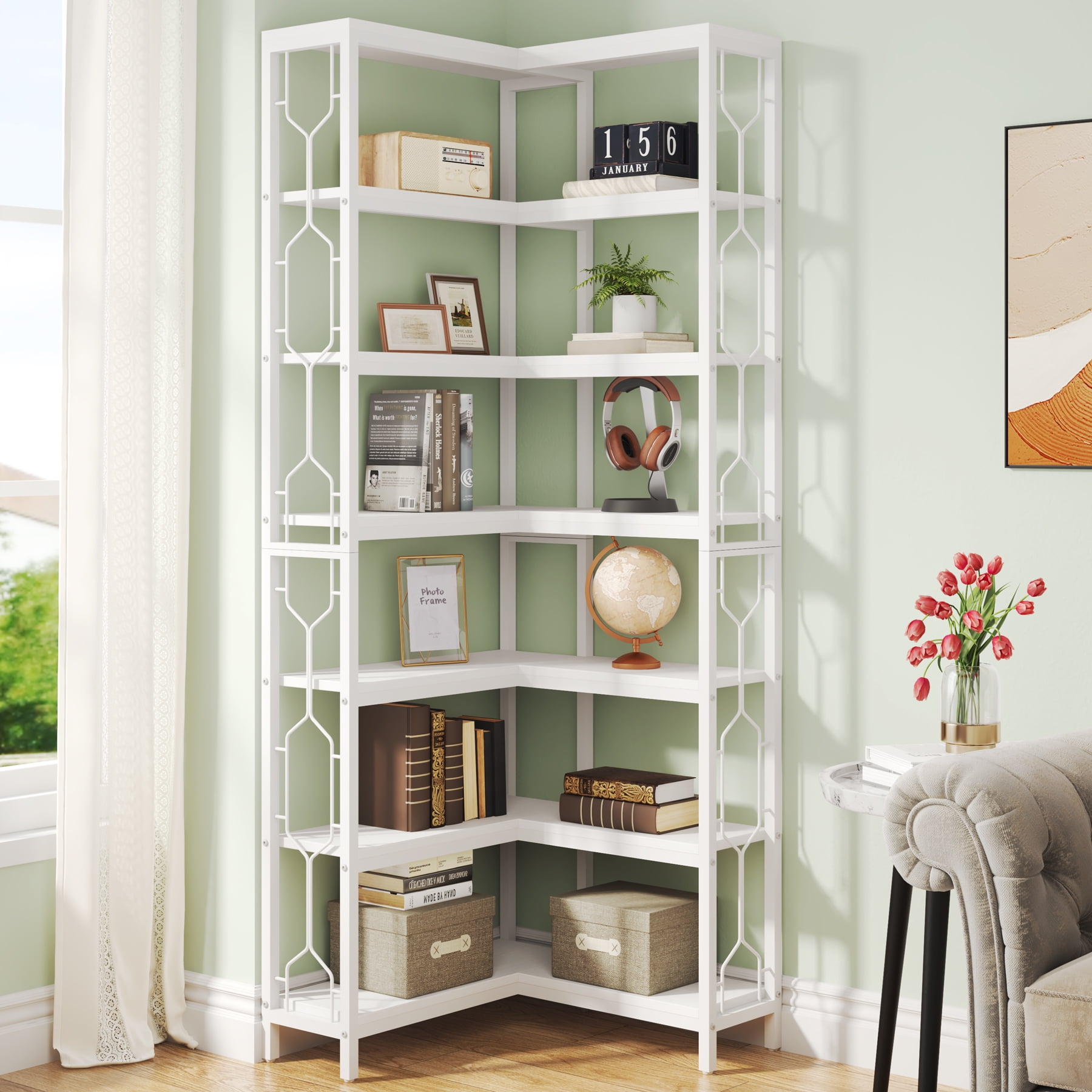 White 7-Tier Adjustable Corner Bookshelf with Metal Frame