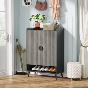 Tribesigns 7-Tier Shoe Storage Cabinet with Adjustable Shelves, Wooden Shoe Cabinet with Doors for Entryway, Hallway, Closet, Living Room, Gray and Black