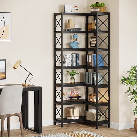 Tribesigns 7-Tier Tall Corner Bookshelf, Industrial Display Storage Rack for Home Office, Black