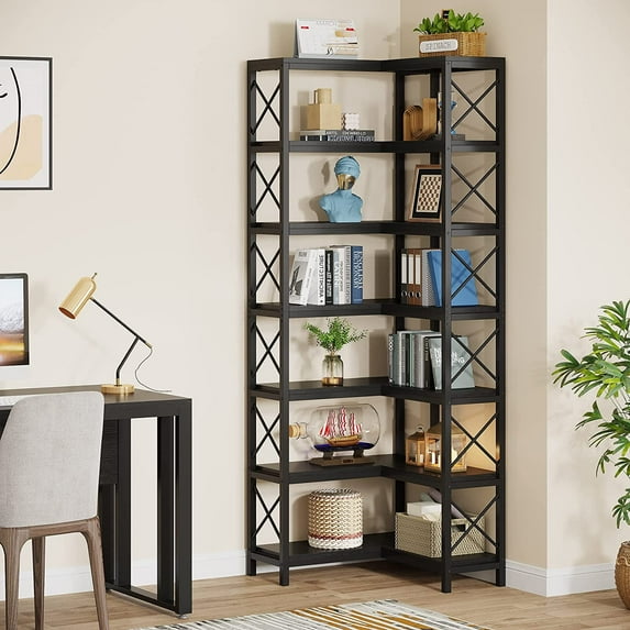 Tribesigns 7-Tier Tall Corner Bookshelf, Industrial Display Storage Rack for Home Office, Black