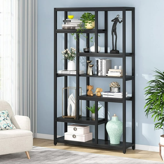 Tribesigns 7-Tier Vintage Bookshelf, 70.86" Tall Display Storage Bookcases with Metal Frame for Living Room, Bedroom, Black