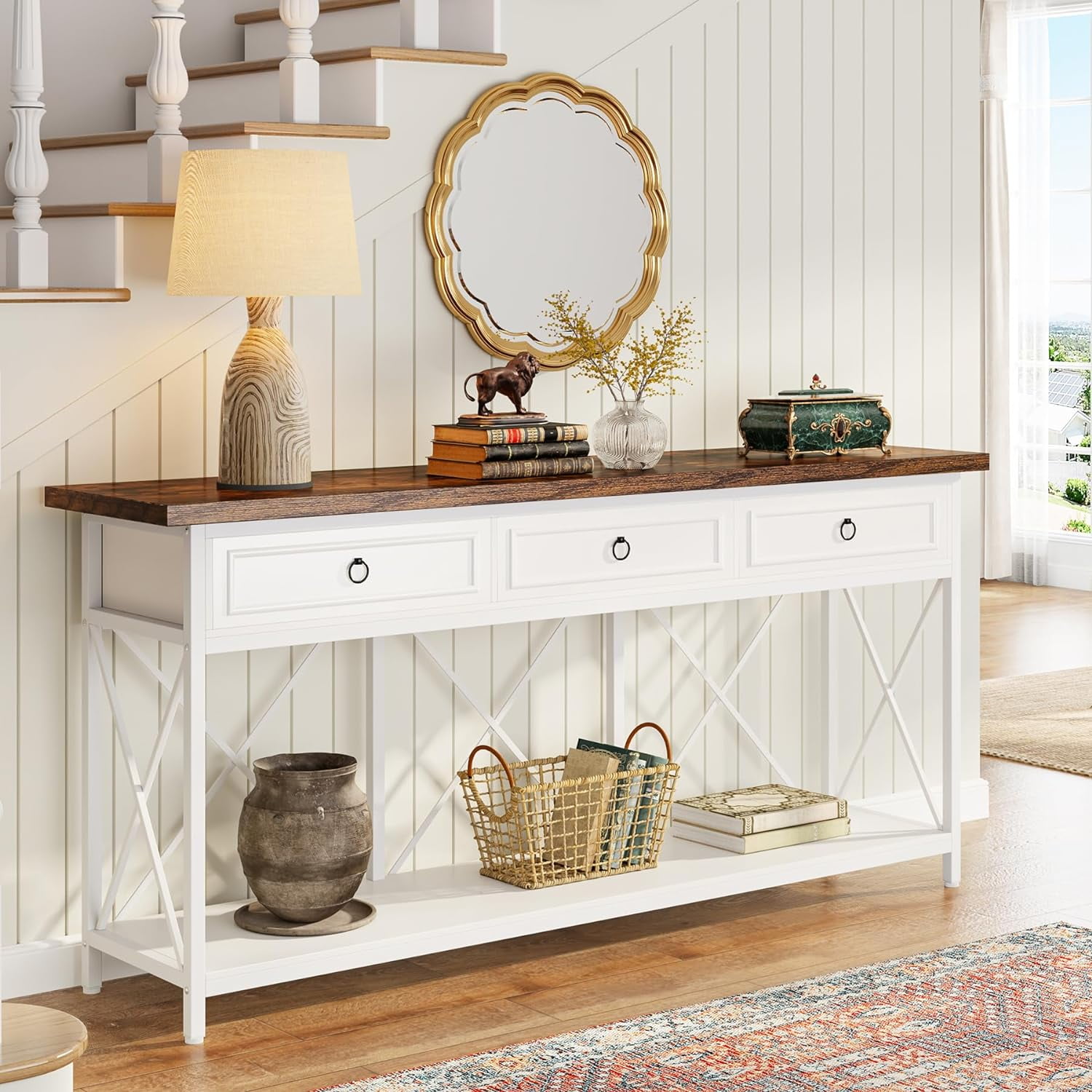 White and Brown 70.8'' Farmhouse Console Table with Storage